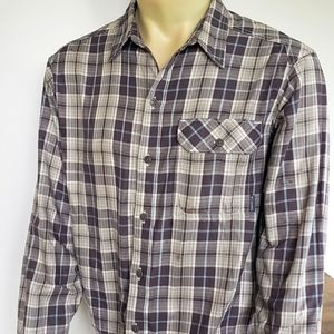 Columbia Long Sleeve sport shirt Medium gray, tan, light blue plaid